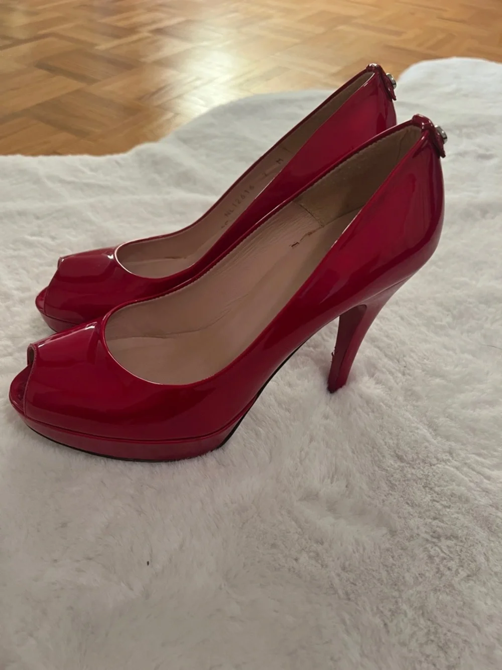 Stuart Weitzman Red Patent Peep-Toe Platform Pumps - Picture 5 of 14